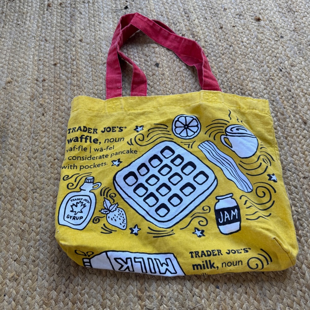 Trader Joe's Breakfast Waffle Toast Canvas Tote Bag Yellow Red Reusable Grocery